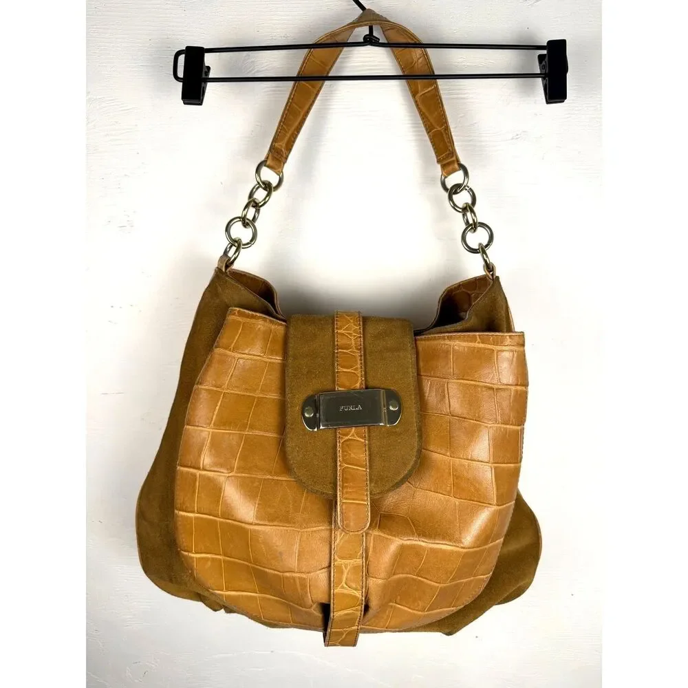 Y2K Vintage Furla Italian Leather Croc‎ Embossed Shoulder Bag Camel Hobo Purse